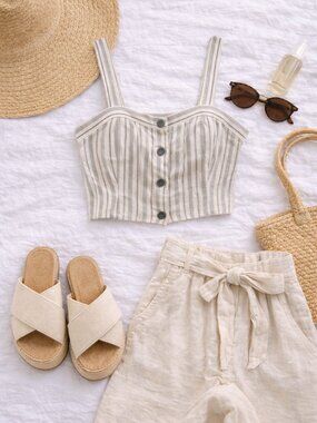 Free People Striped Crop Tank Button Front XS Coastal Boho Linen Blend Top